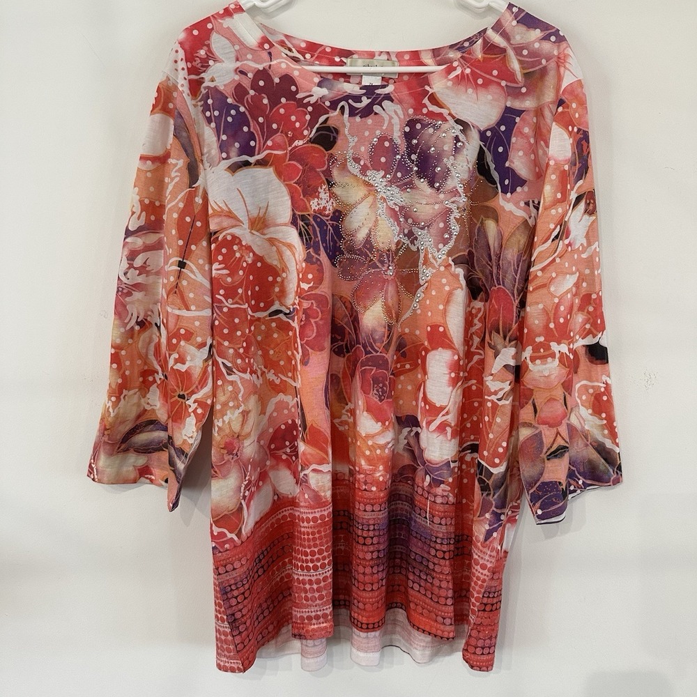 Women's CJ Banks Orange Pink Floral‎ Bling Embellished Blouse Top 2X Spring